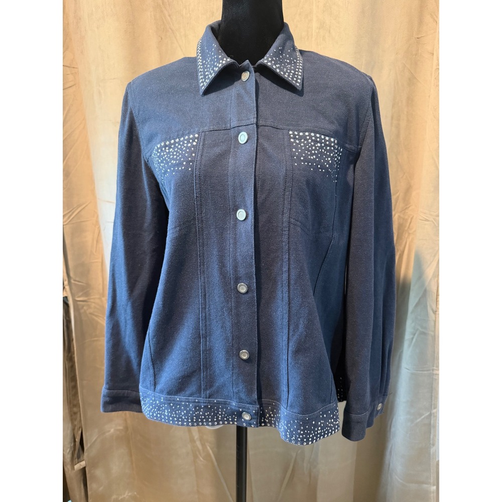 Alfred Dunner Womens Blue Denim Rhinestone Embellished Button Front Jacket Sz 12